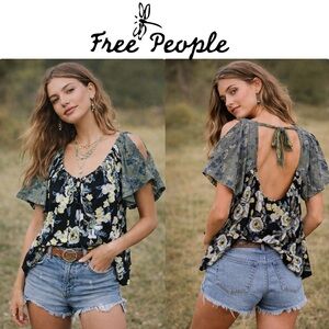 FREE PEOPLE Baja Babe Cold Shoulder Tie Back Floral Multi Colors Boho Top Small